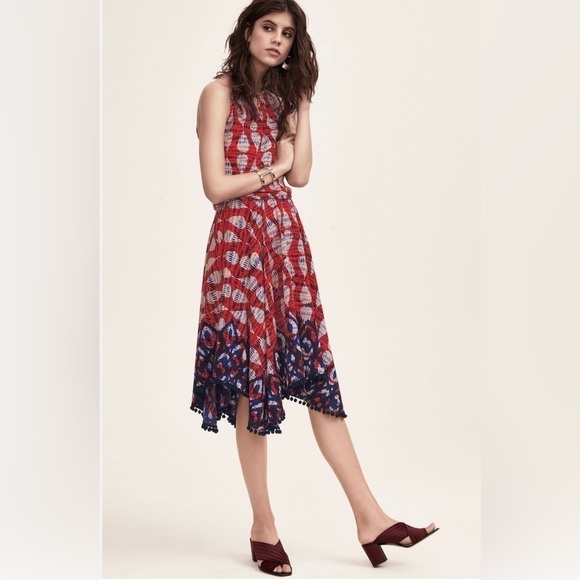 MAGGY LONDON Red White & Blue Patterned Handkerchief Hem A Line Dress Sz 4 - Picture 2 of 8